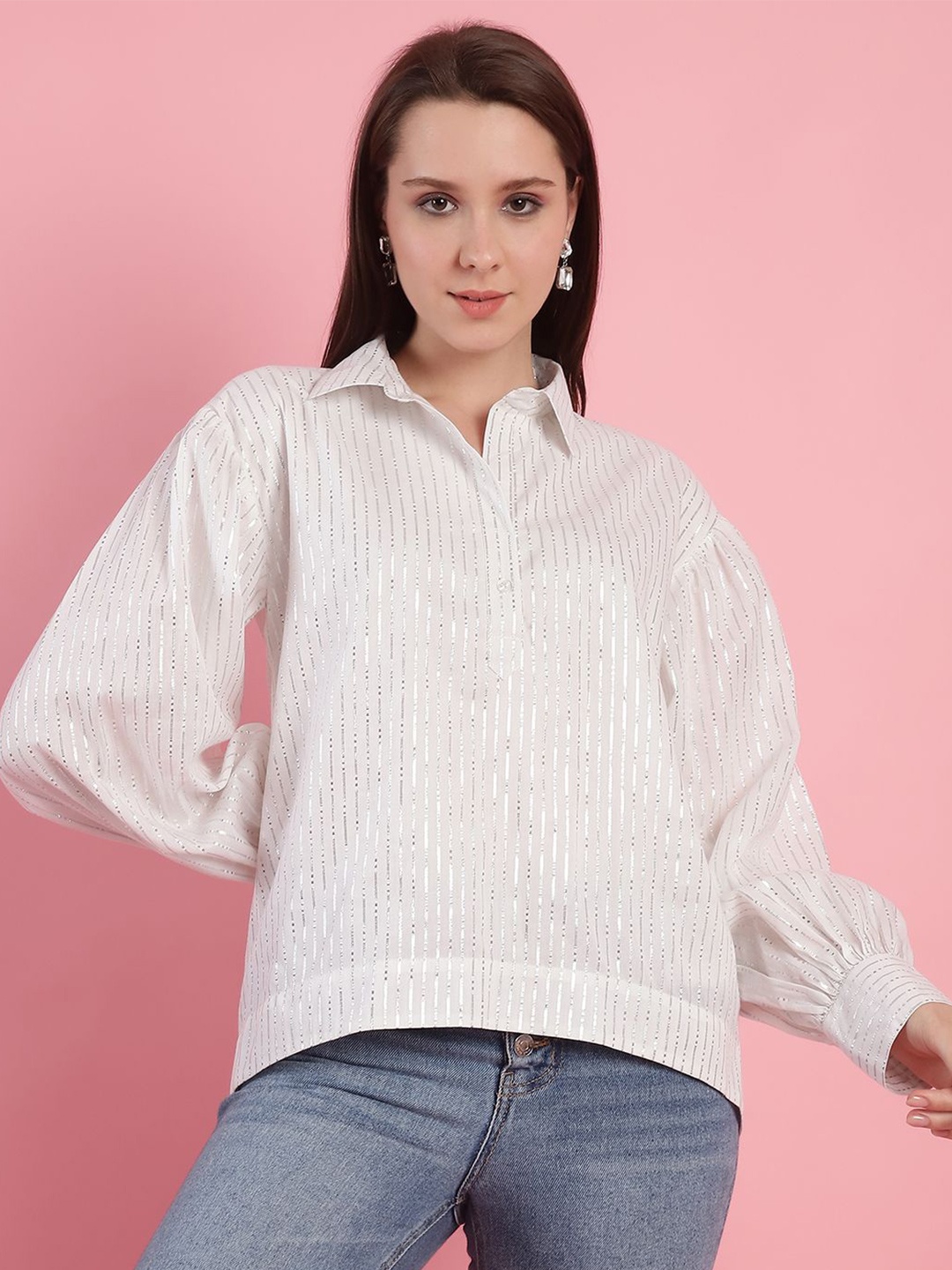 

JAKANARY Women Pinstripes Opaque Printed Casual Shirt, White