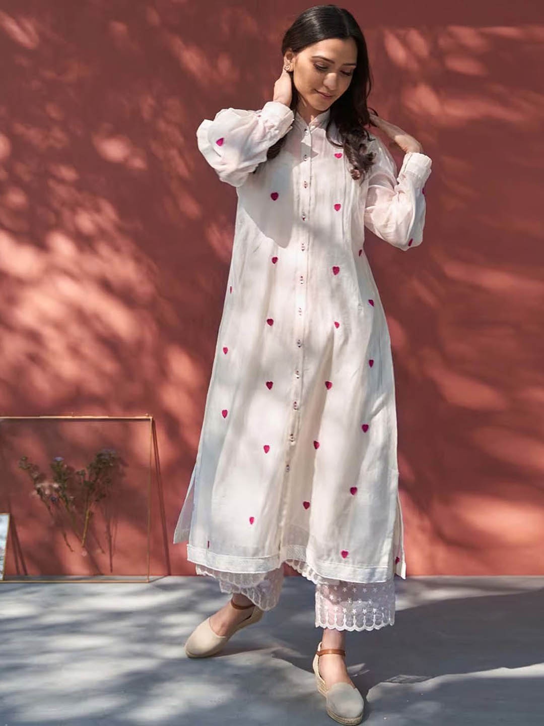 

Moda Rapido Embroidered Mandarin Collar A-Line Thread Work Pure Cotton Kurta With Trousers, White