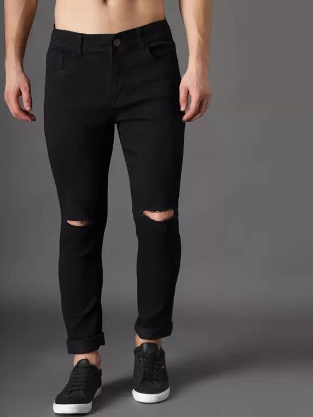 

LINARIA Men Cotton Classic Slim Fit Mid-Rise Slash Knee Jeans, Black