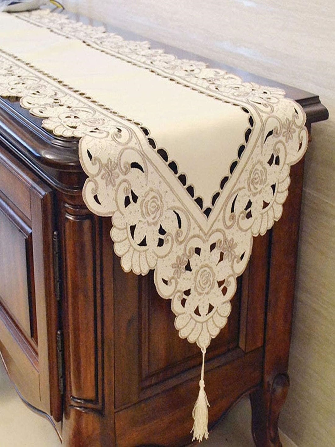 

MONKDECOR Cream-Color & Brown Floral Embroidered Table Runner