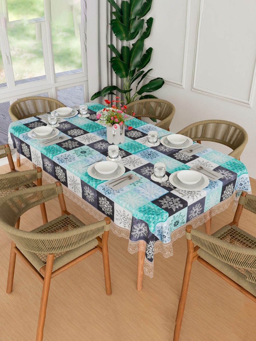 

Aura Green Geometric Printed Rectangular Shaped Waterproof 6-Seater Table Cover