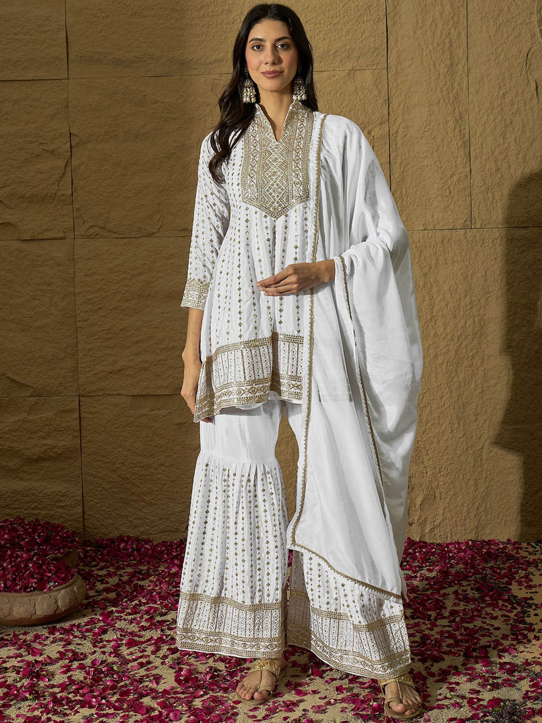 

Miss Ethnik Embroidered Thread Work Mandarin Collar Kurta With Sharara & Dupatta, White