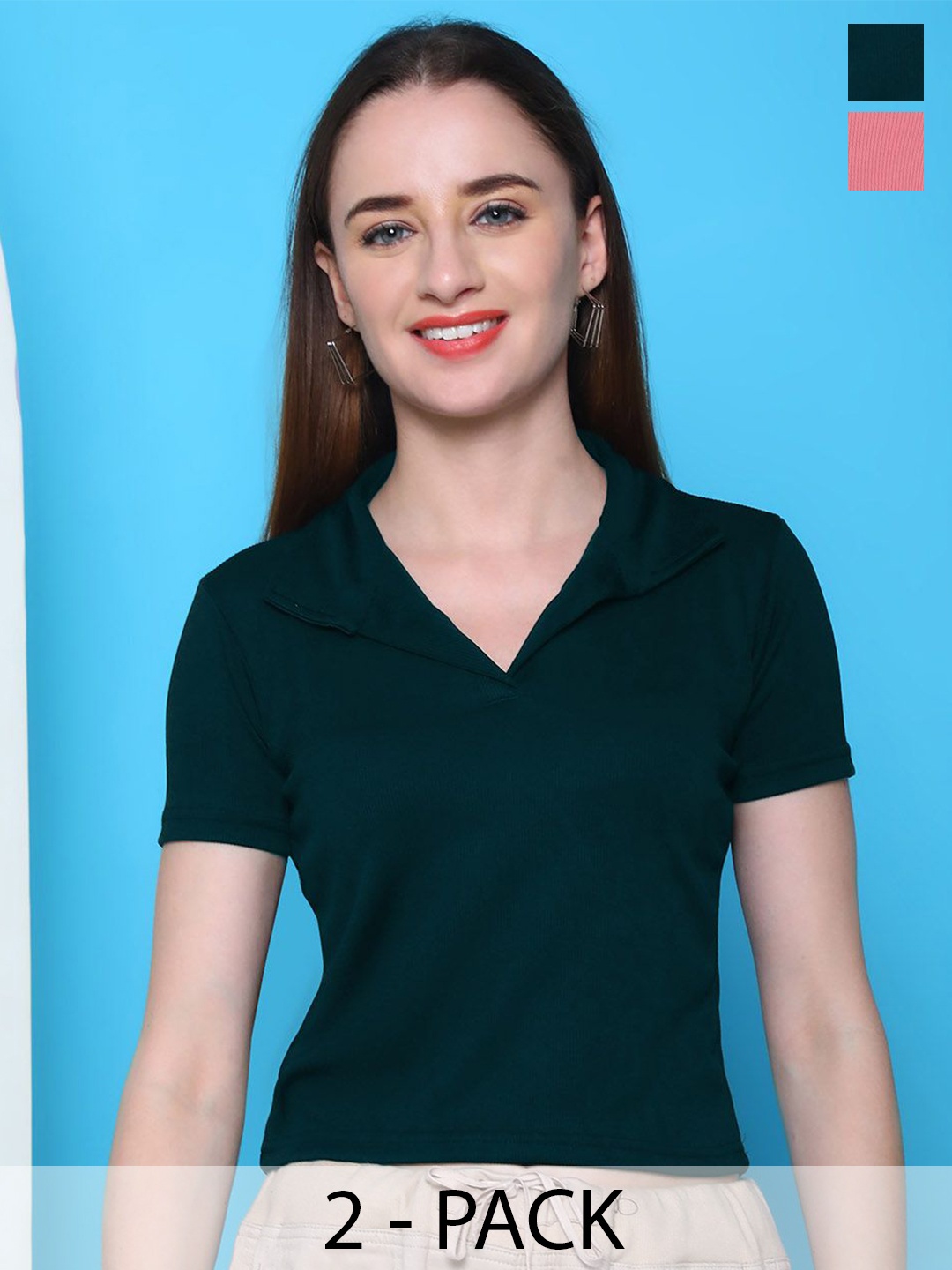

Tromko Women Pack OF 2 V Neck Fitted Crop Top, Green