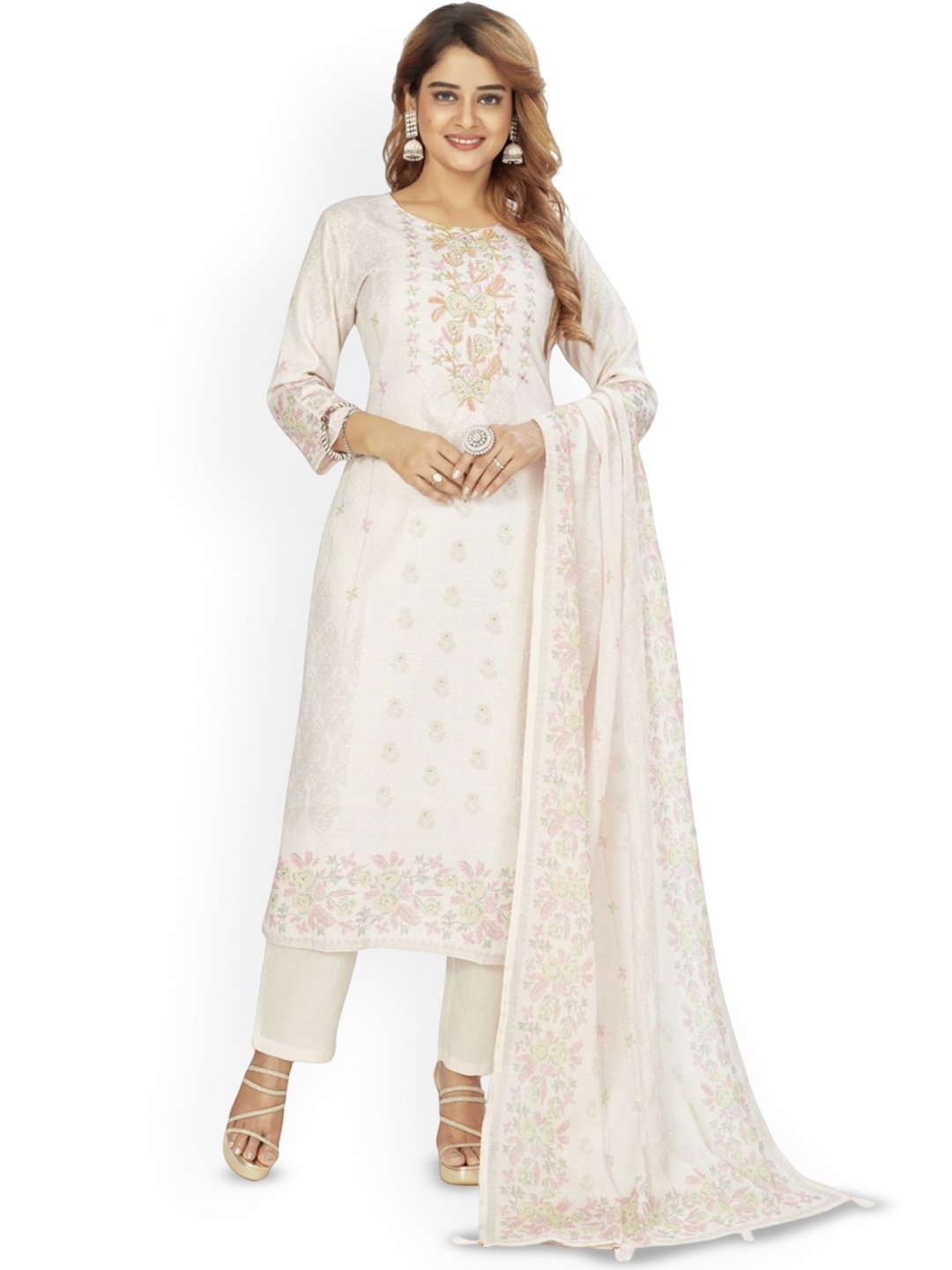 

Amchoor Floral Printed Raw Silk Straight Kurta with Trousers & Dupatta, Pink