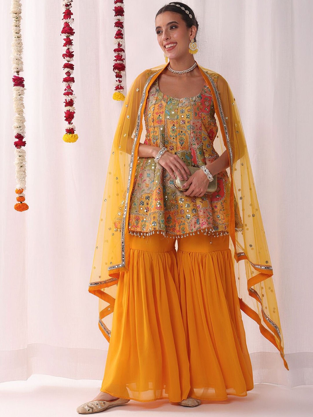 

Chhabra 555 Floral Embroidered Mirror Work Peplum Kurta With Sharara & Dupatta, Mustard
