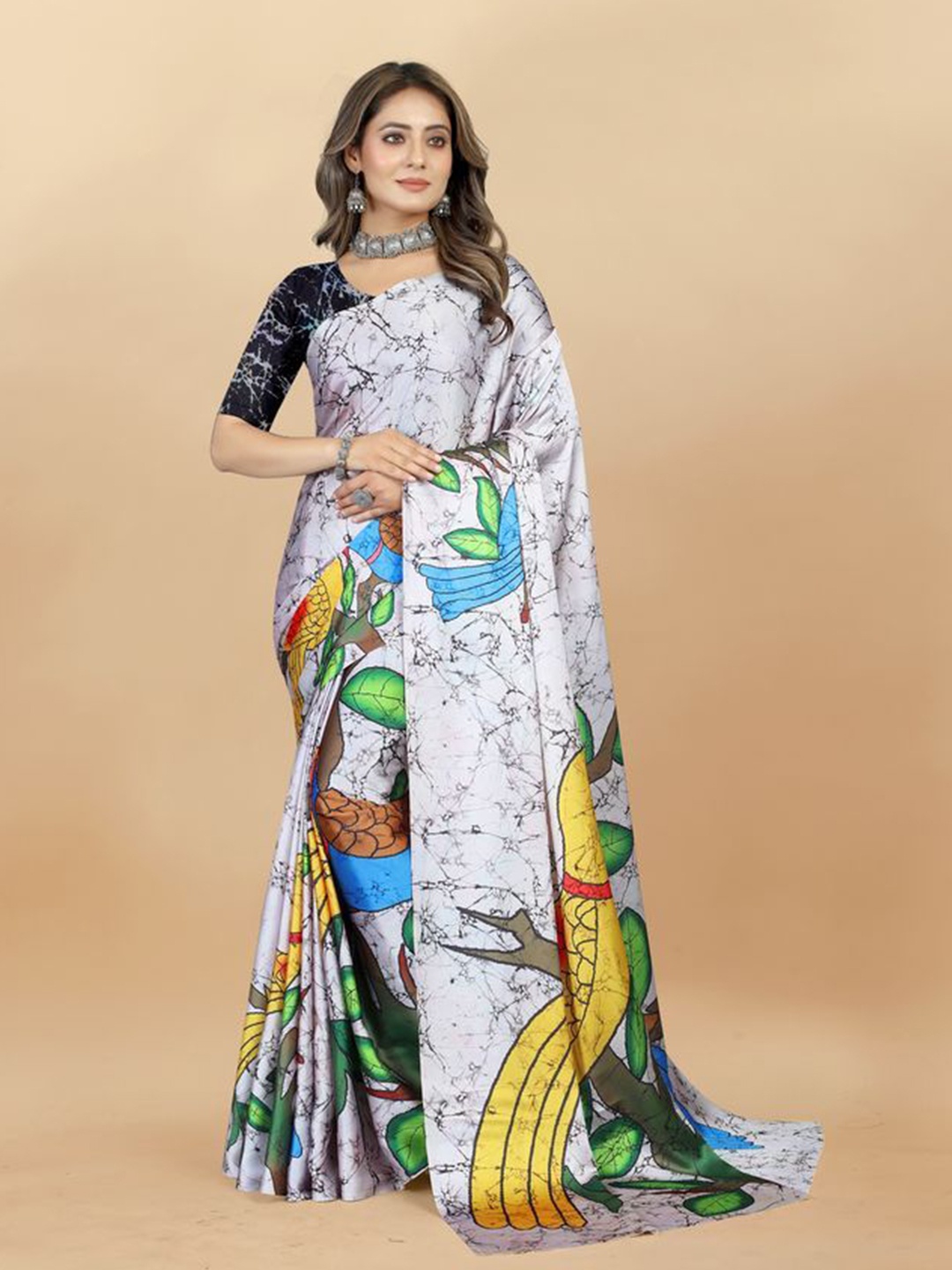 

Exclusiva Ethnic Motifs Printed Satin Saree, Off white