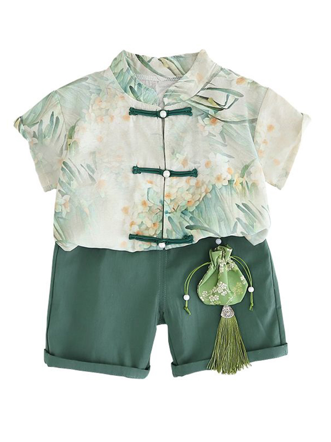 

StyleCast x Revolte Boys Printed Shirt Collar Pure Cotton Shirt with Shorts, Green