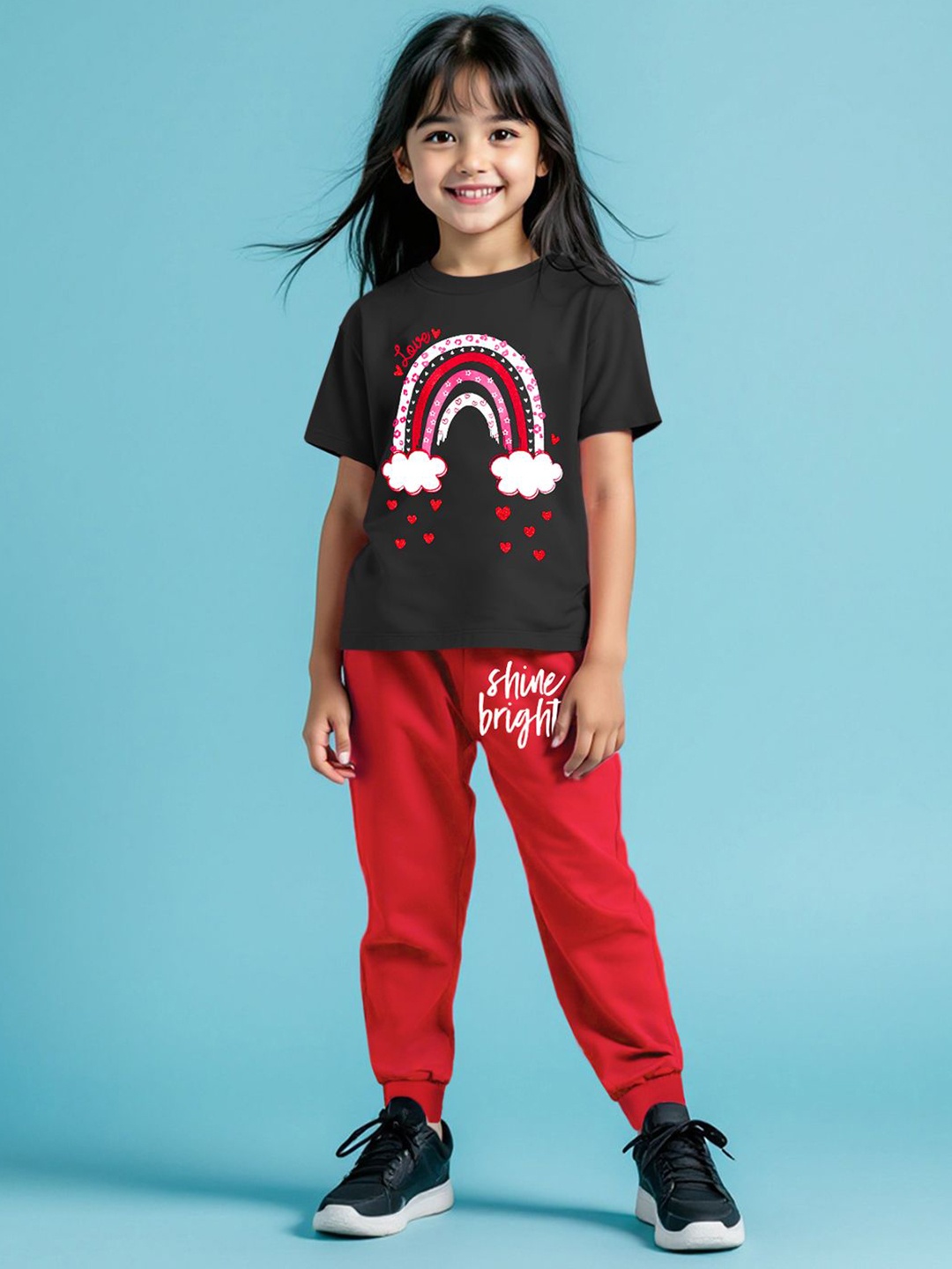 

HERE&NOW Girls Graphic Printed Round Neck Short Sleeves T-Shirt & Track Pant, Red