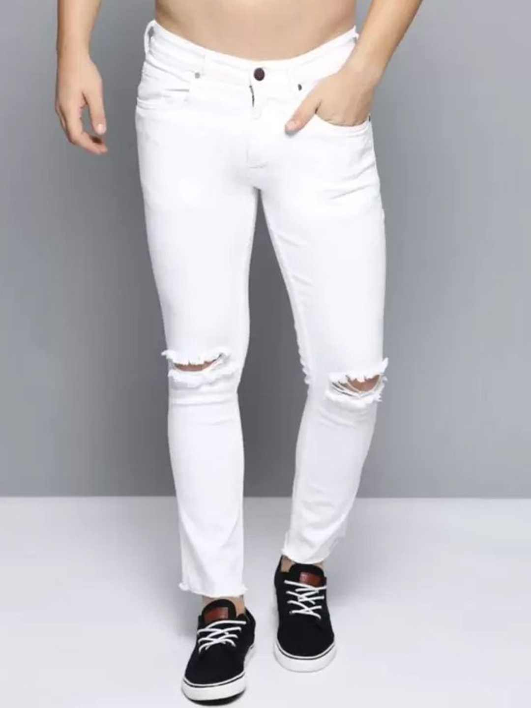 

LINARIA Men Classic Cotton Slim Fit Low-Rise Slash Knee Jeans, White