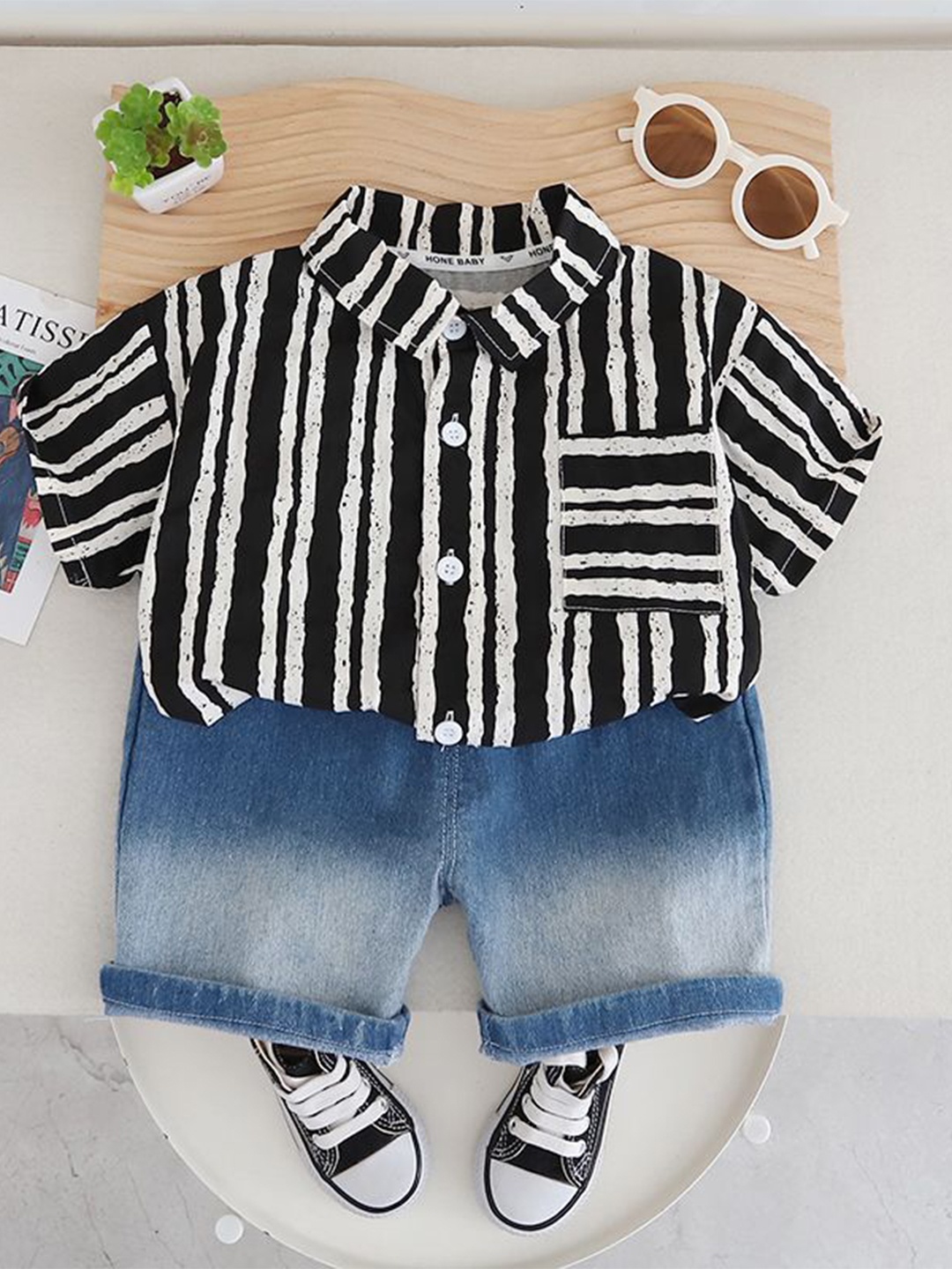 

StyleCast x Revolte Boys Striped Pure Cotton Shirt With Shorts, Black