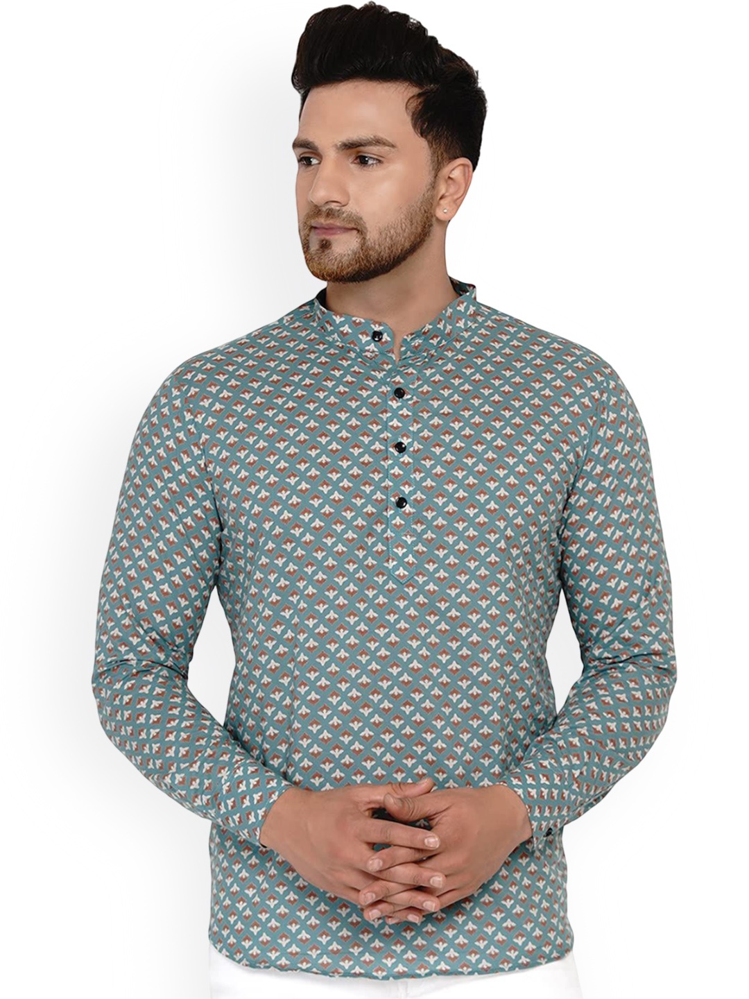 

VEERA PARIDHAAN Floral Printed Band Collar Long Roll-Up Sleeves Straight Kurta, Green