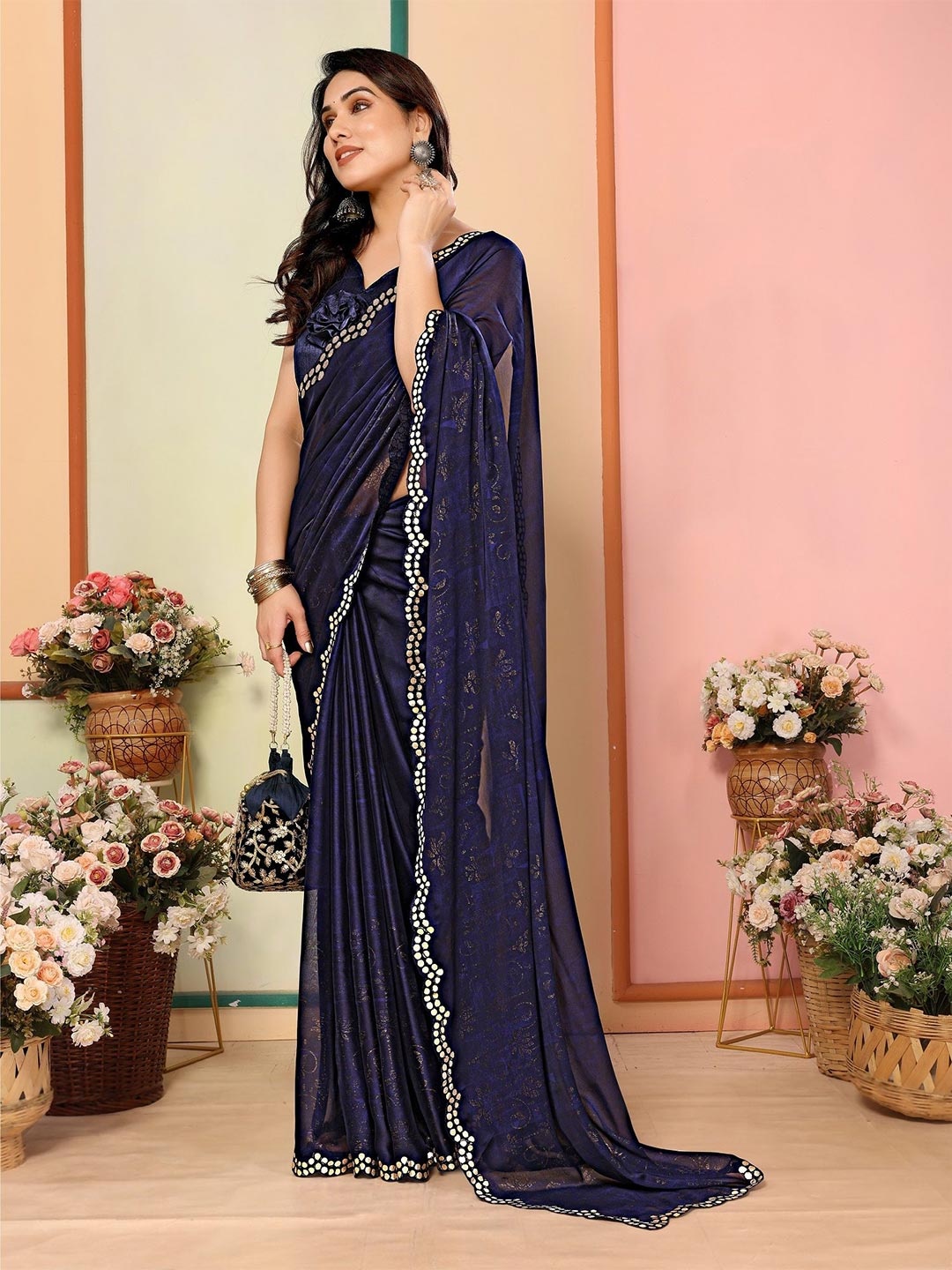 

ROOP SUNDARI SAREES Ethnic Motifs Printed Mirror Work Saree, Navy blue