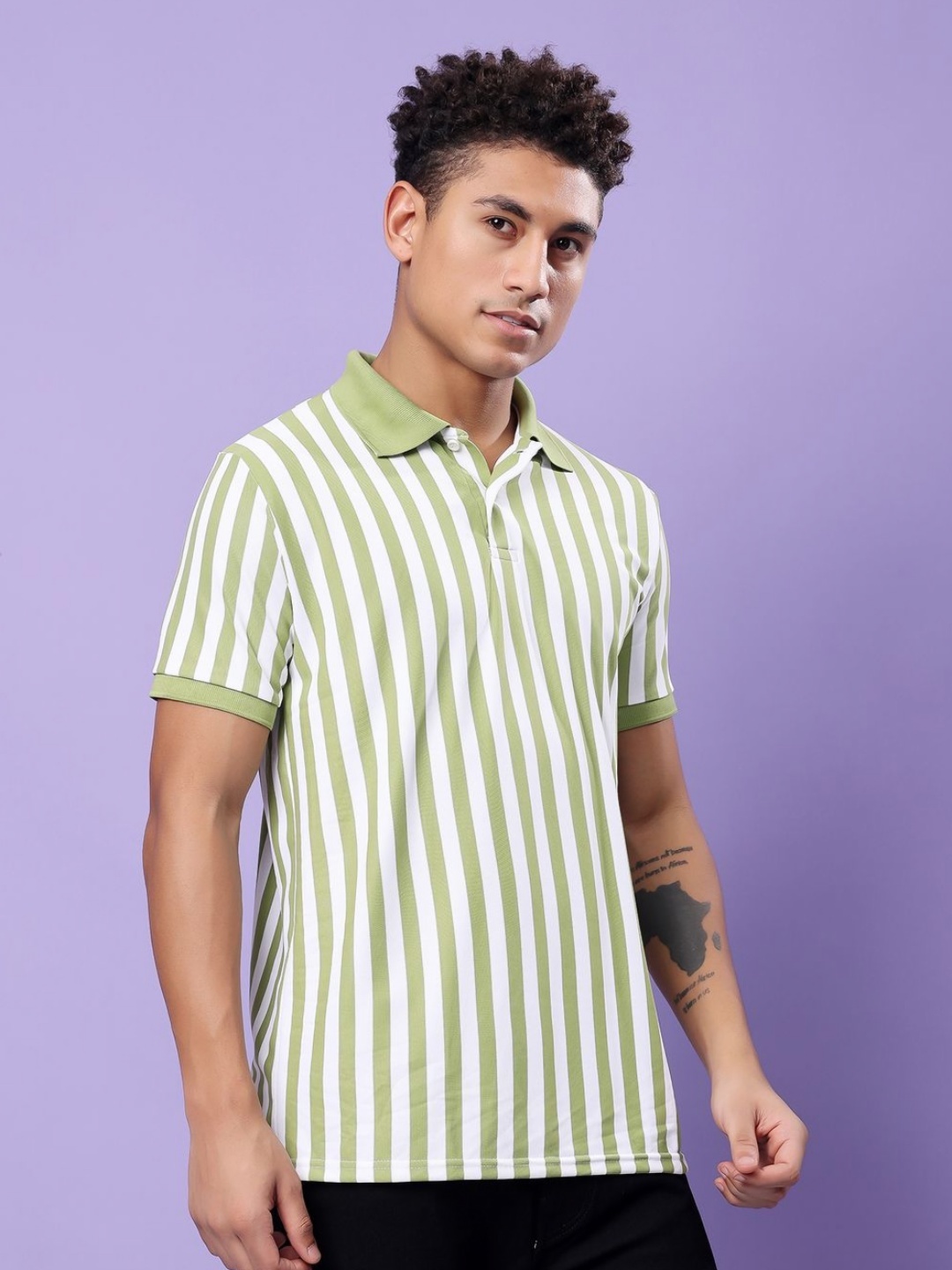 

TQH Men Striped Polo Collar Dri-FIT Pockets T-shirt, Green