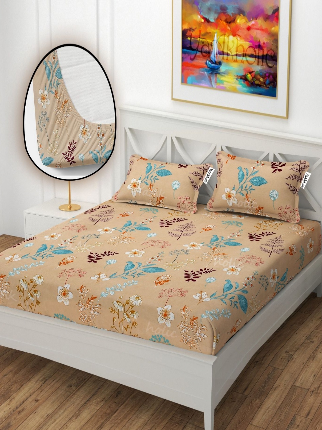 

YaAkholic Cream & Blue Printed 210 TC Microfiber King Bedsheet Set- 1.98 m x 1.82 m