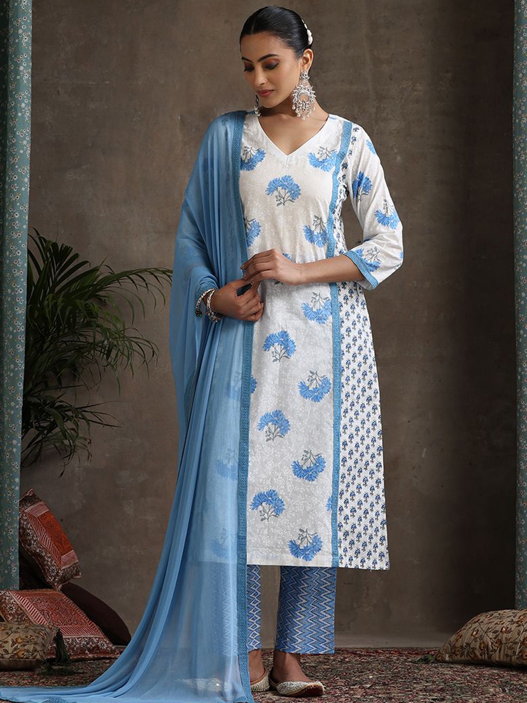 

Khushal K Floral Printed V-Neck Panelled A-Line Pure Cotton Kurta With Trousers & Dupatta, White