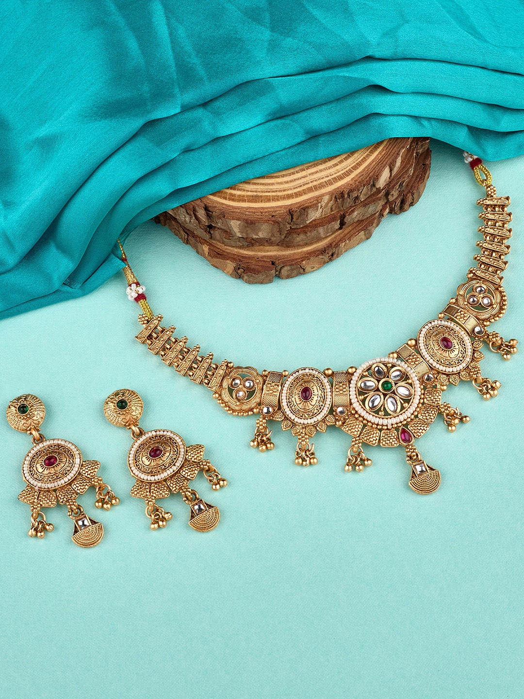 

TKRB SALES Gold-Plated Artificial Stones Studded & Beaded Jewellery Set