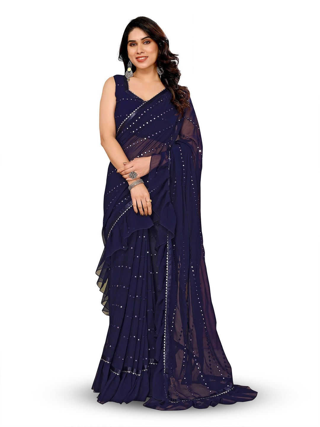 

ROOP SUNDARI SAREES Embellished Mirror Work Pure Georgette Ruffle Saree, Navy blue