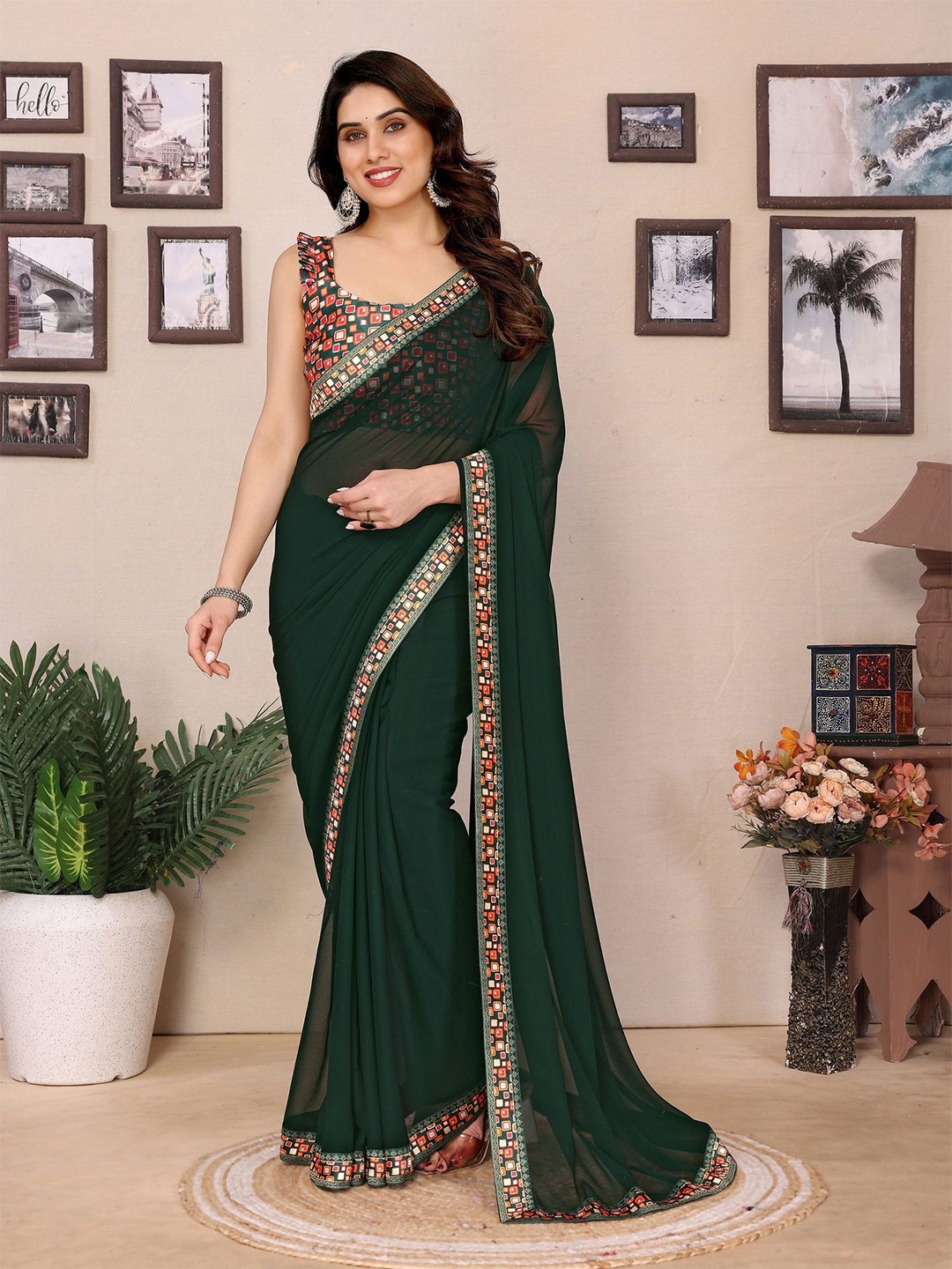 

ROOP SUNDARI SAREES Solid Pure Georgette Saree, Green
