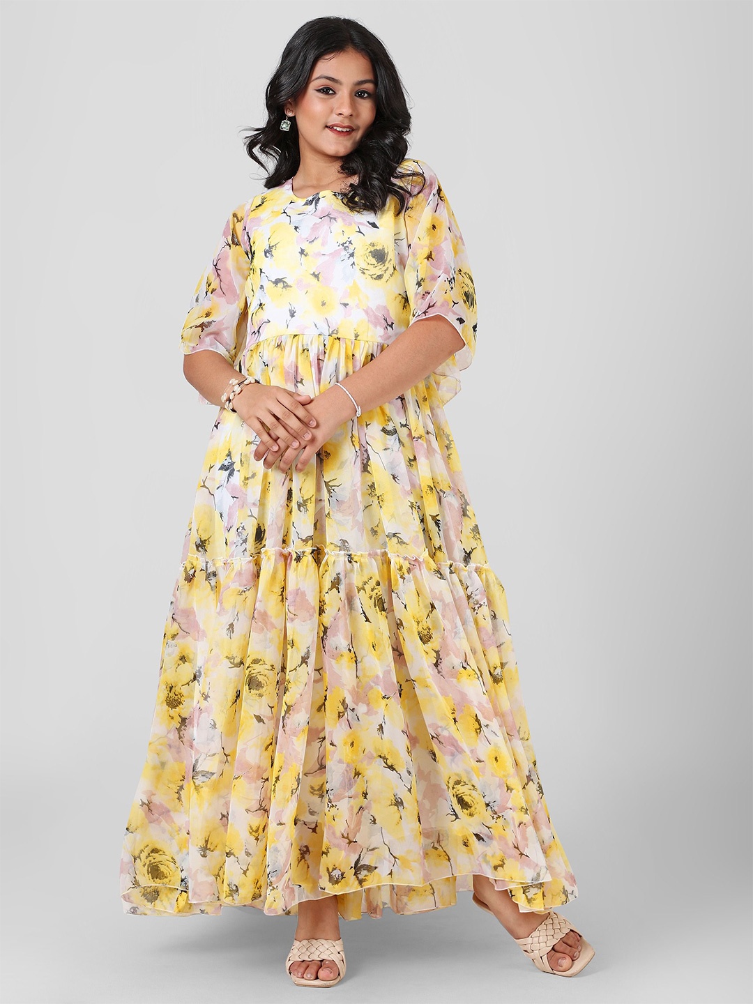 

Aarya Designer Floral Print Flared Sleeve Georgette Fit & Flare Maxi Dress, Yellow