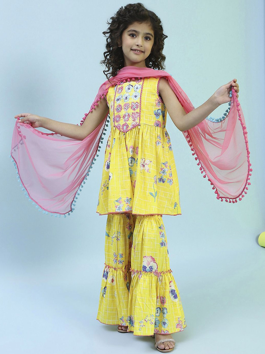 

Biba Girls Floral Printed Pure Cotton Kurta With Sharara & Dupatta, Yellow