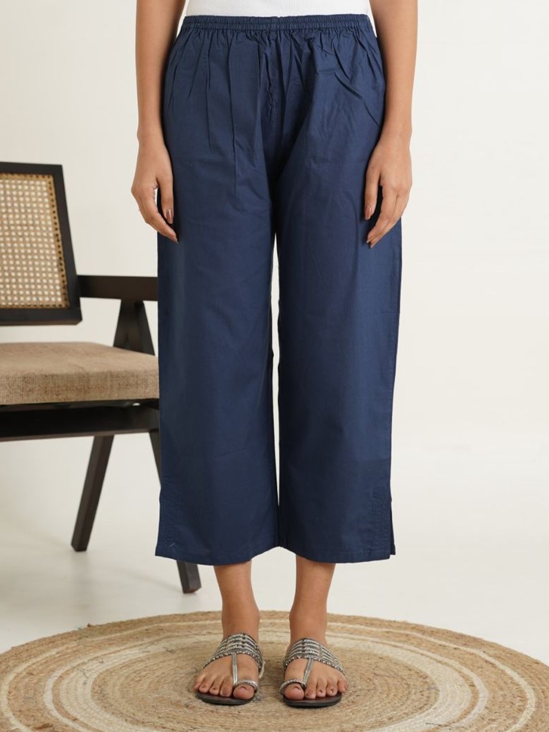 

GOODHAND Women Flared Cotton Palazzos, Navy blue