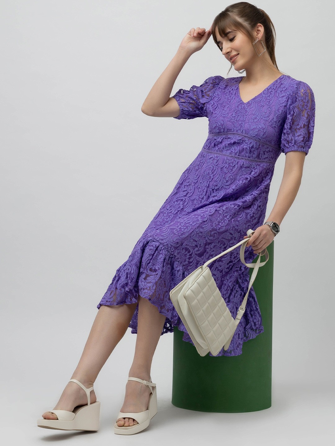 

7OUNCE Women Puff Sleeve Fit & Flare Dress, Purple