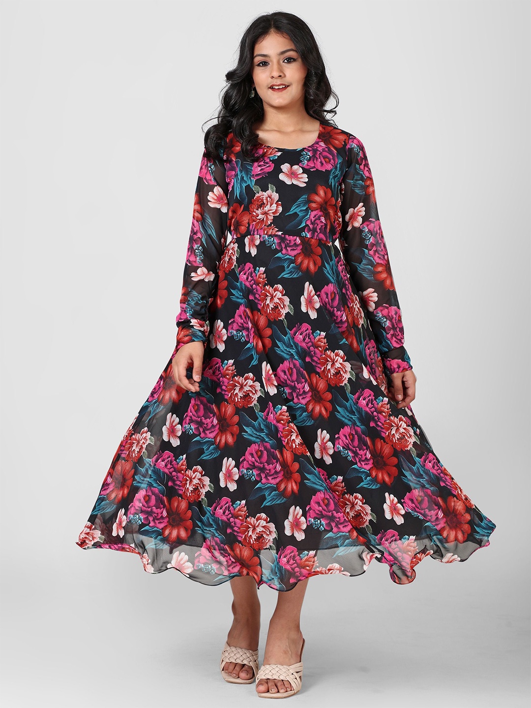 

Aarya Designer Women Floral Printed Georgette Fit & Flare Midi Dress, Black
