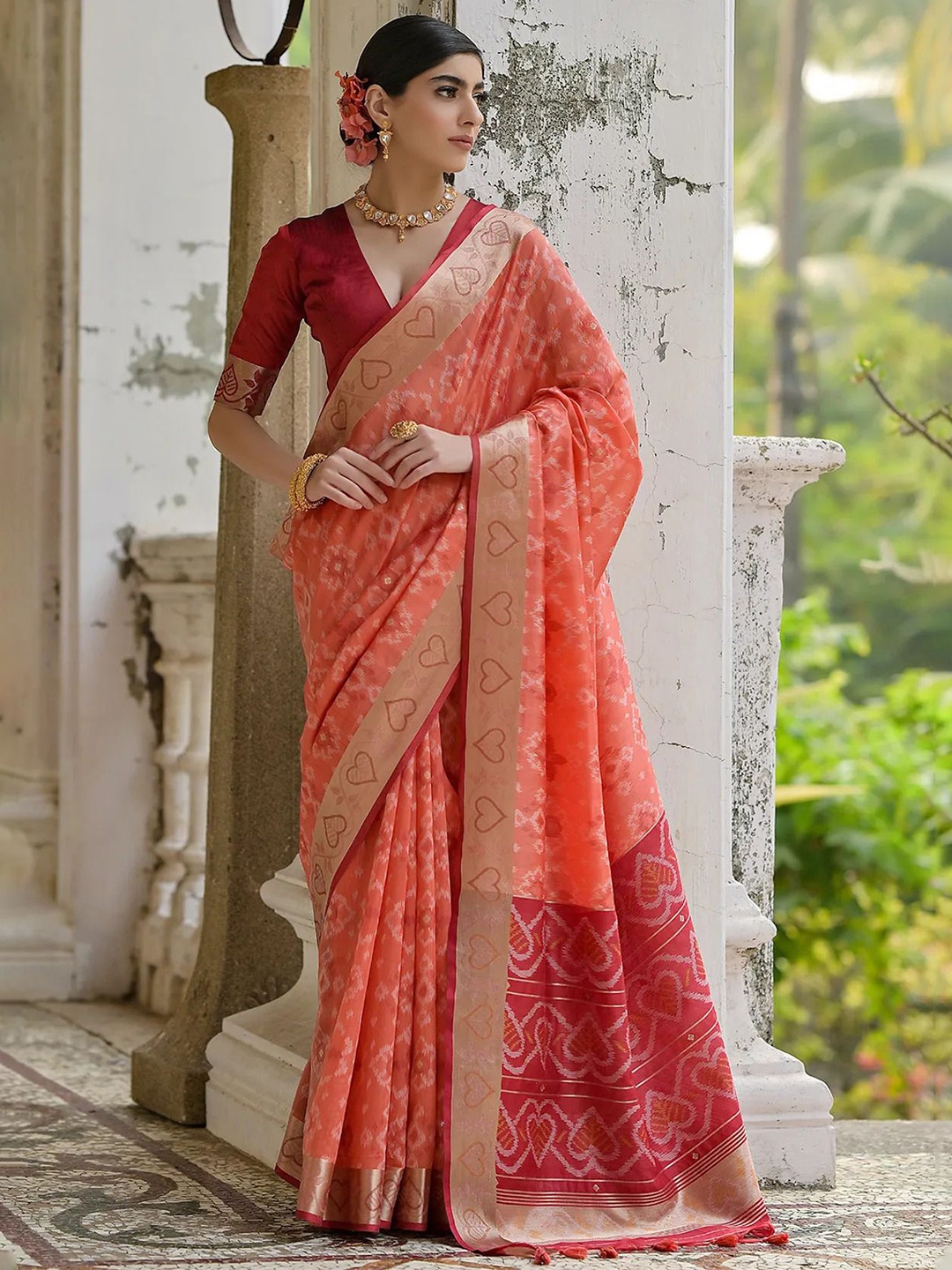 

MySilkLove Woven Design Terra Cotta Orange Woven Raw Silk Saree