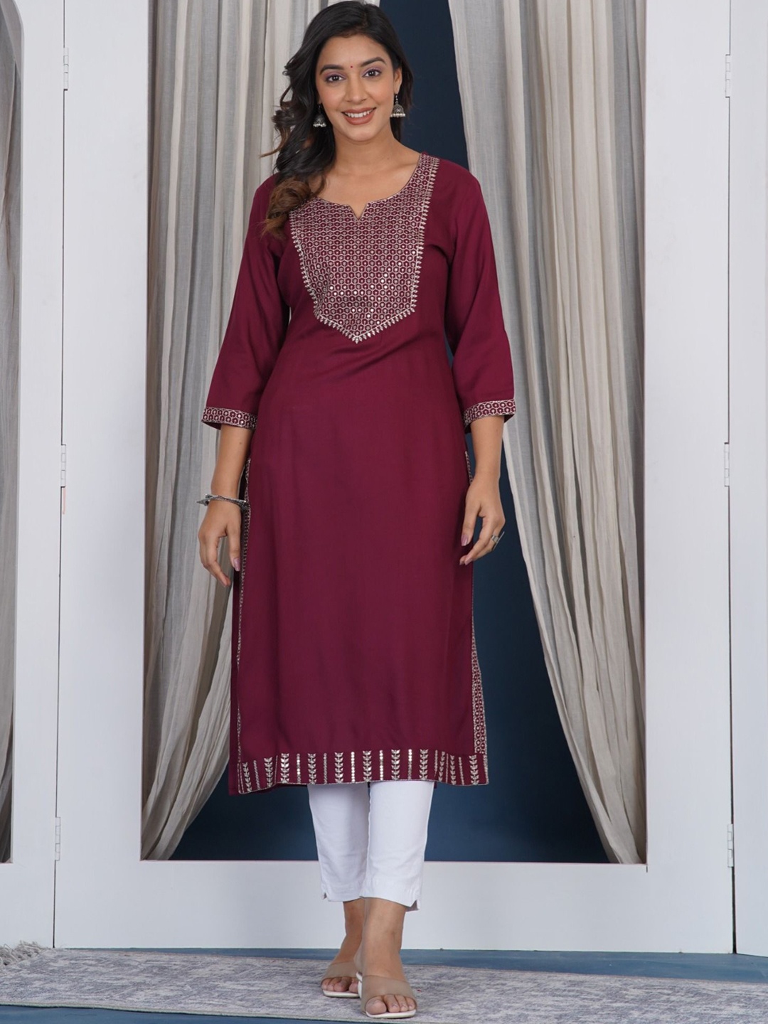 

Prathmikta Embellished Yoke Design Notch Neck Thread Work Straight Kurta, Maroon