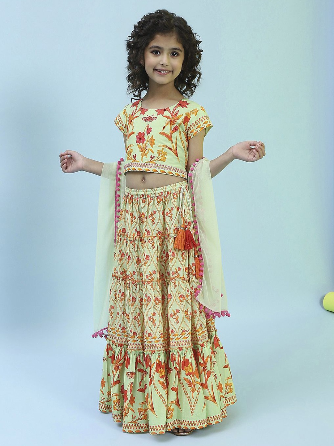 

Biba Girls Printed Ready to Wear Lehenga & Blouse With Dupatta, Lime green