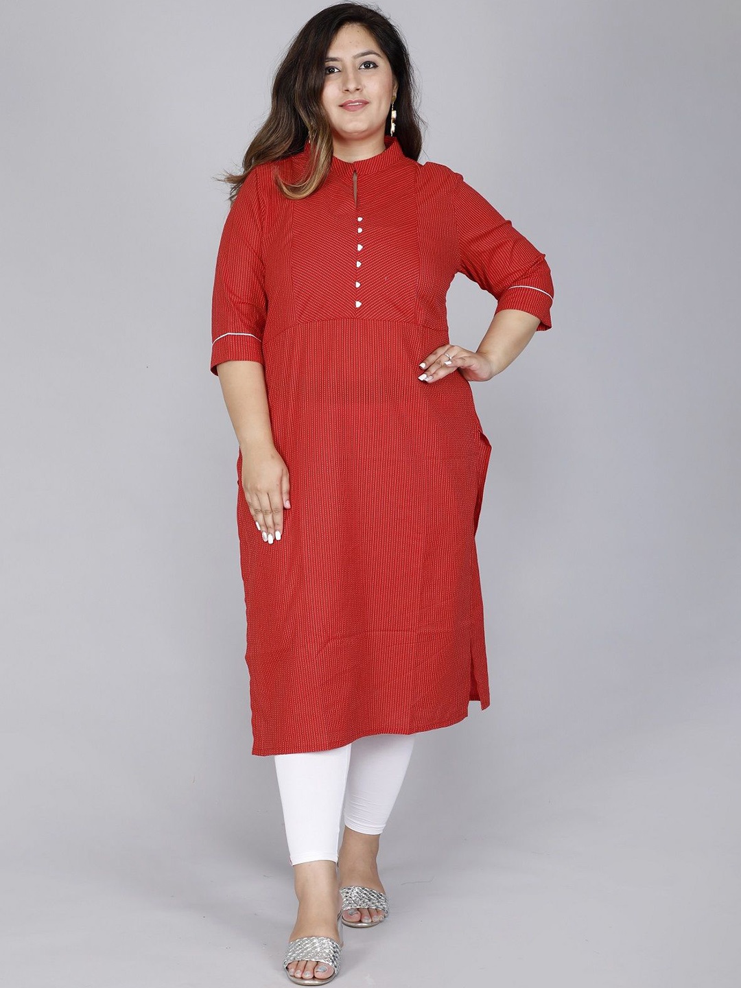 

Gs Fashions Striped Mandarin Collar Thread Work Straight Plus Size Kurta, Red