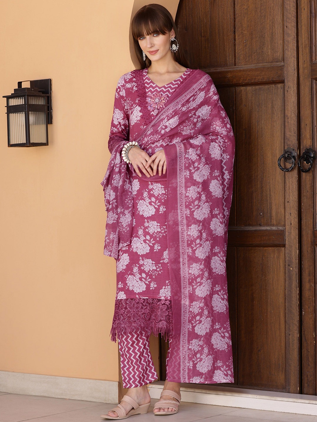 

KALINI Floral Printed V-Neck Straight Kurta With Trousers And Dupatta, Purple