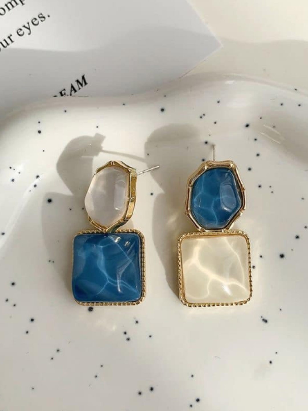 

SUBHAGALANKAR Gold-Plated Square Artificial Stones Studded Drop Earrings, Blue
