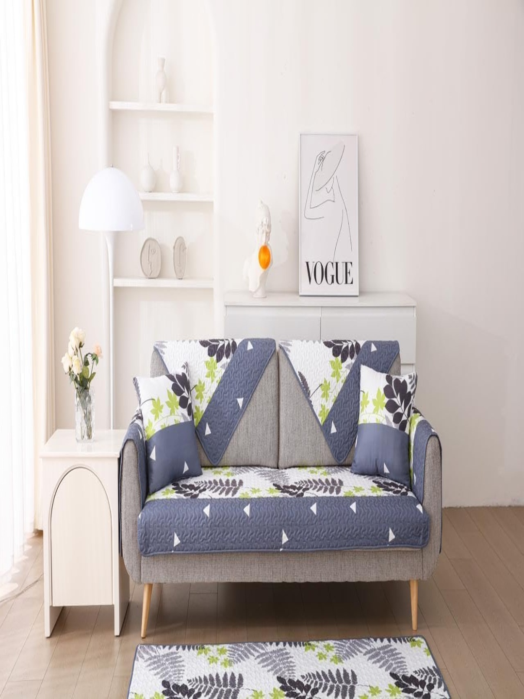 

HomeCloud Grey & White Printed Cotton Sofa Cover With Arms