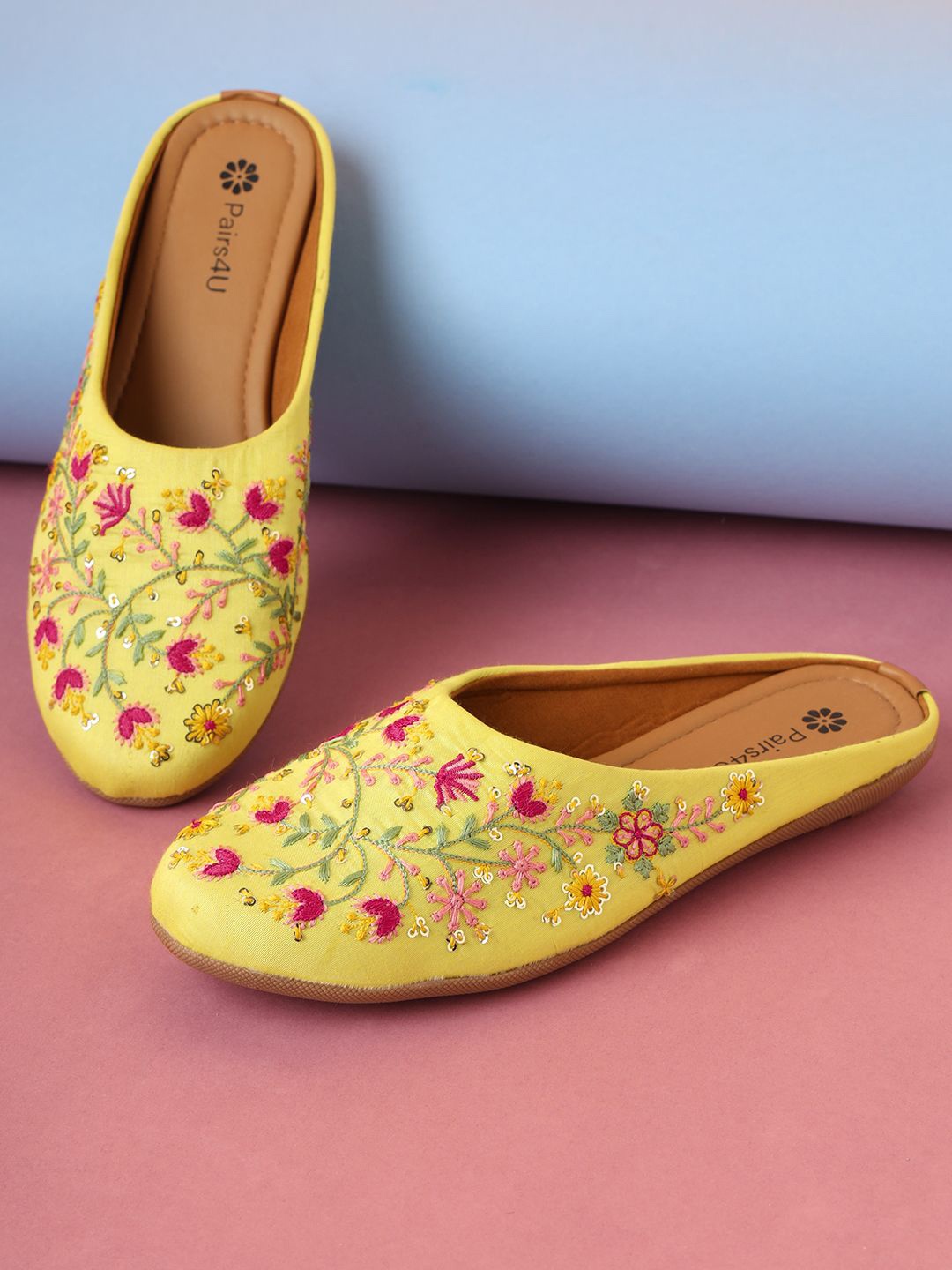 

Pairs4U Women Embellished Embroidered Slip-On Ethnic Mojaris Flats, Yellow