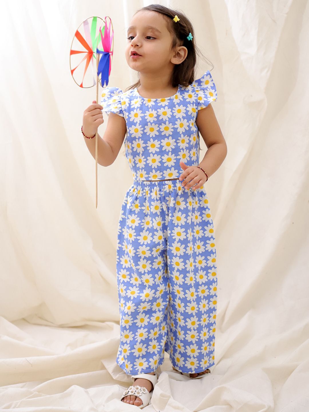 

BownBee Girls Floral Printed Pure Cotton Top With Trousers, Blue