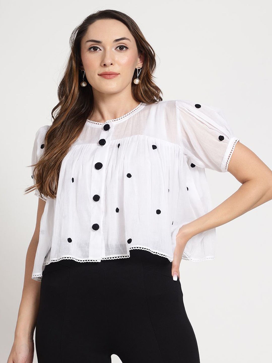 

Kapasriti Women Polka Dots Embroidered Mandarin Collar Crop A-Line Top, White