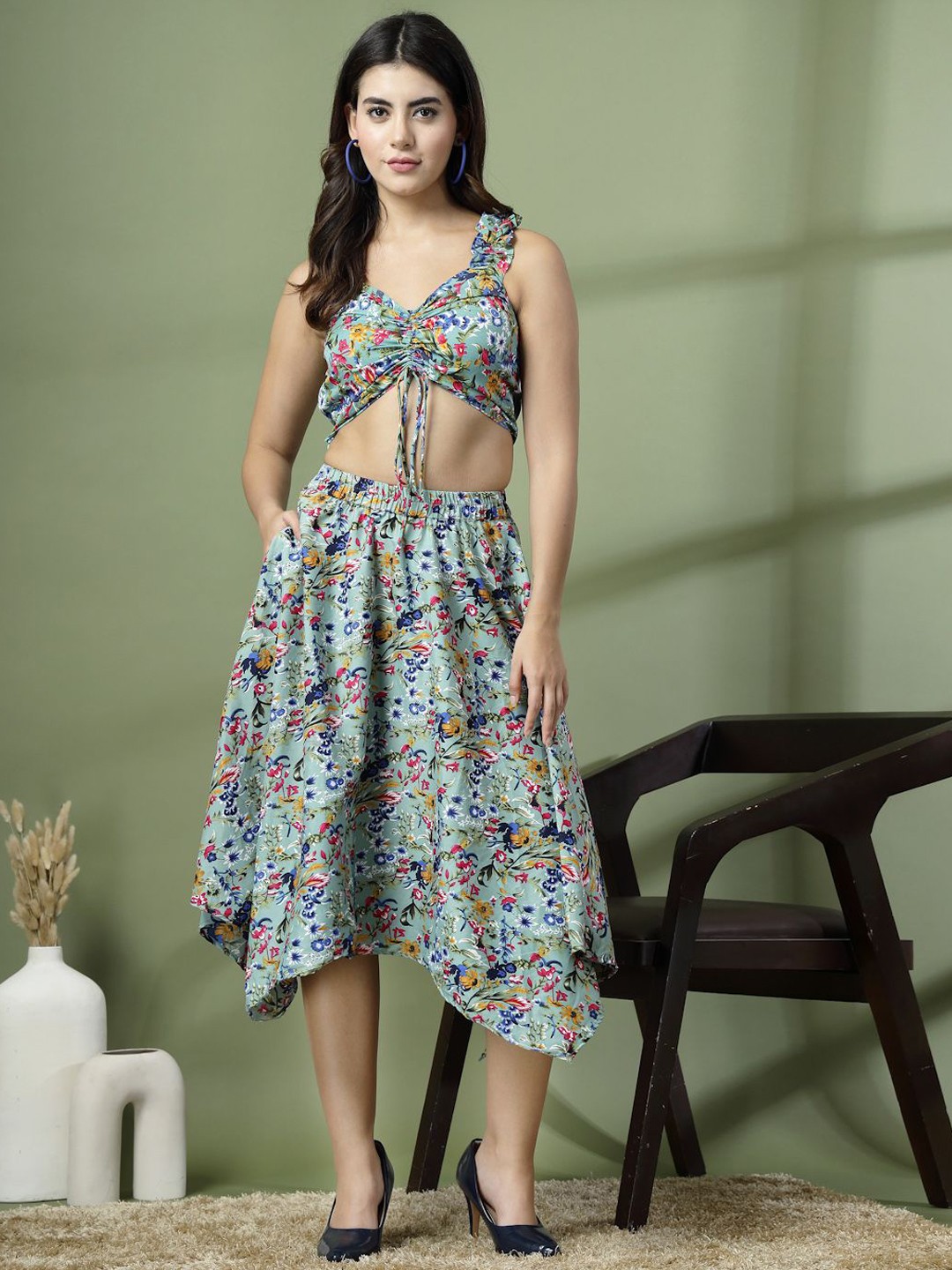 

DressBerry Printed V-Neck Top With Skirt, Blue