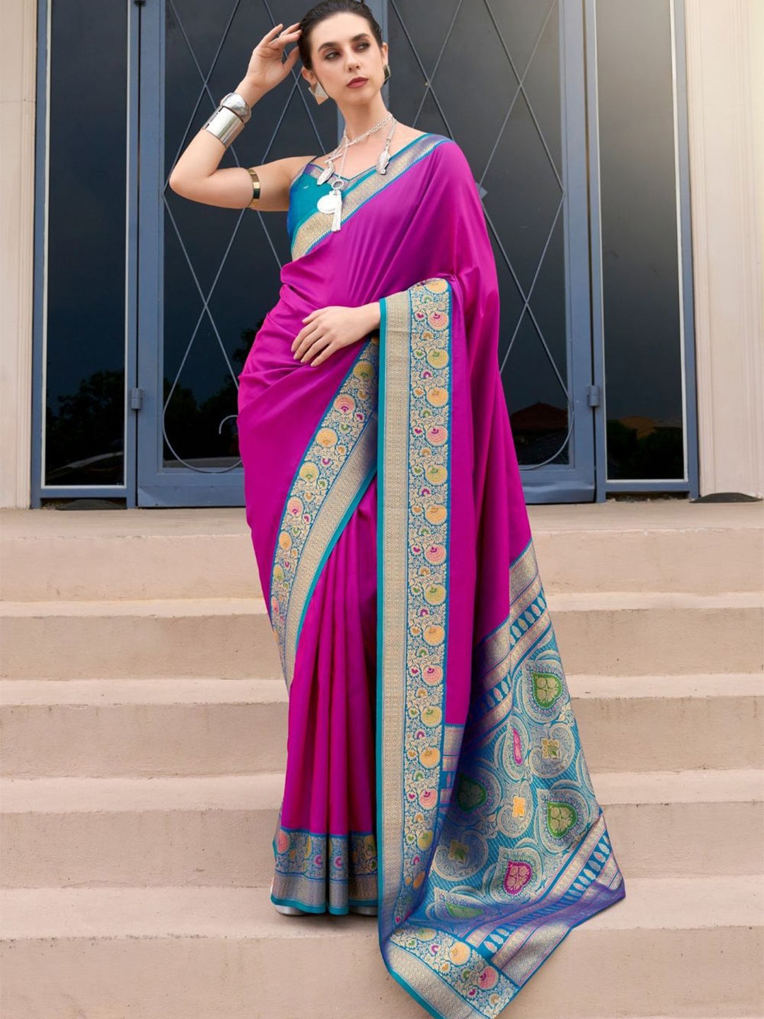 

DEVATITHI Zari Purple Pure Banarasi Soft Silk Saree