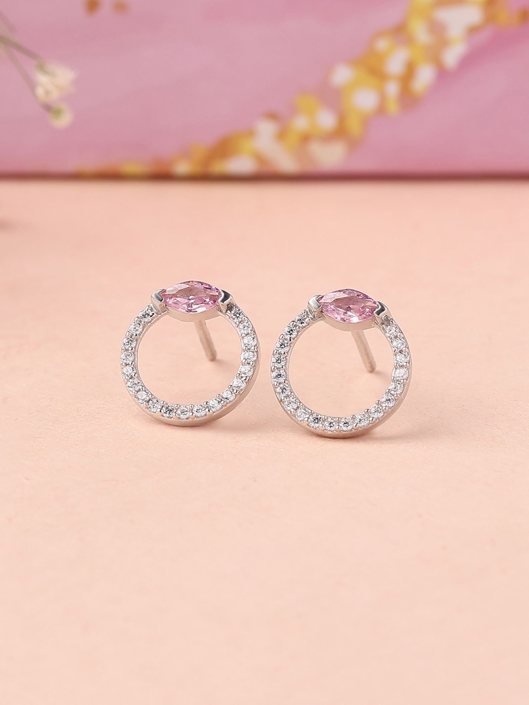 

Ornate Jewels 925 Silver Pink American Diamond Pink Circle Stud Earring