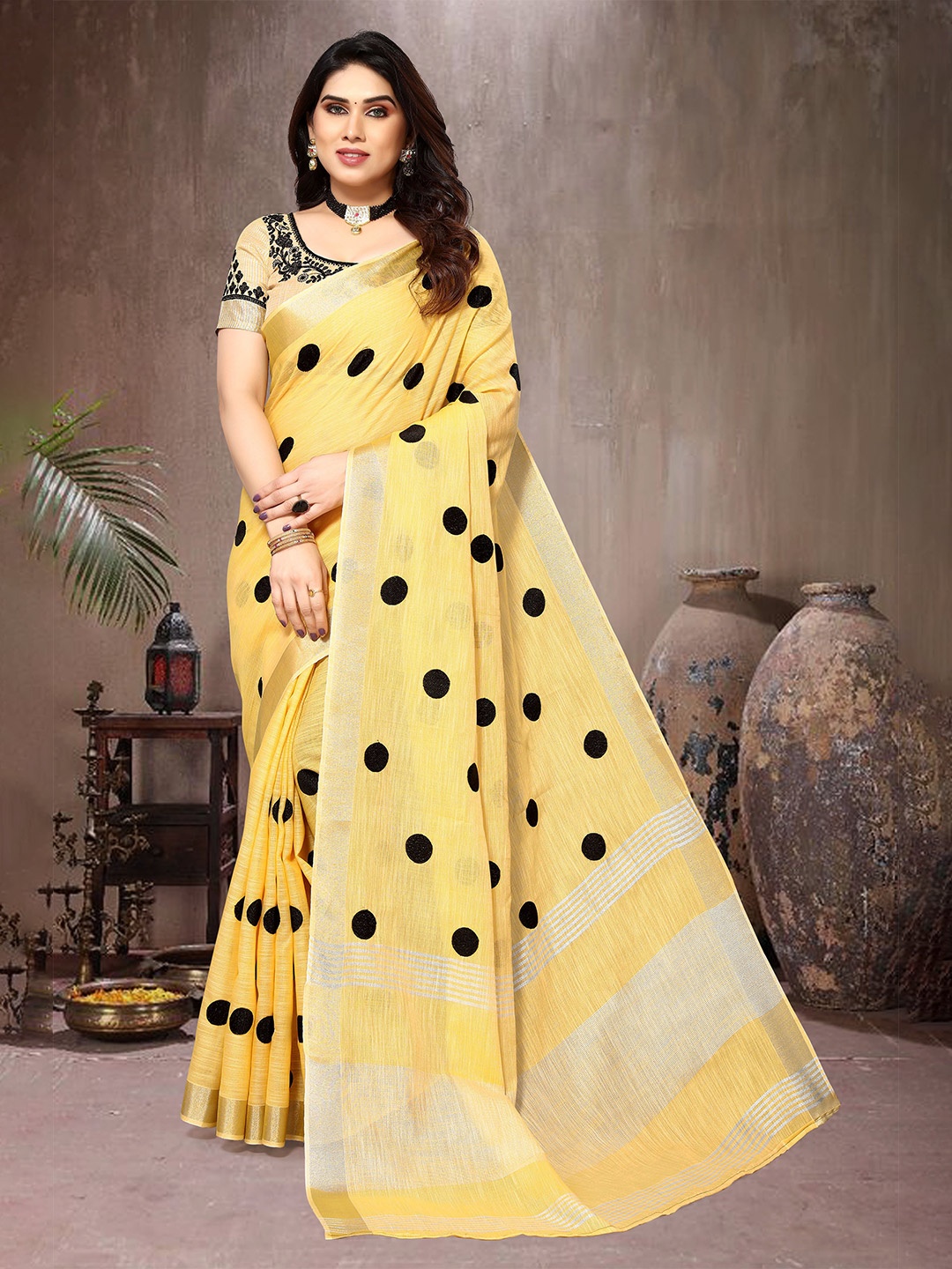 

VIRENDRA TEXTILES Polka Dots Printed Pure Cotton Saree, Yellow