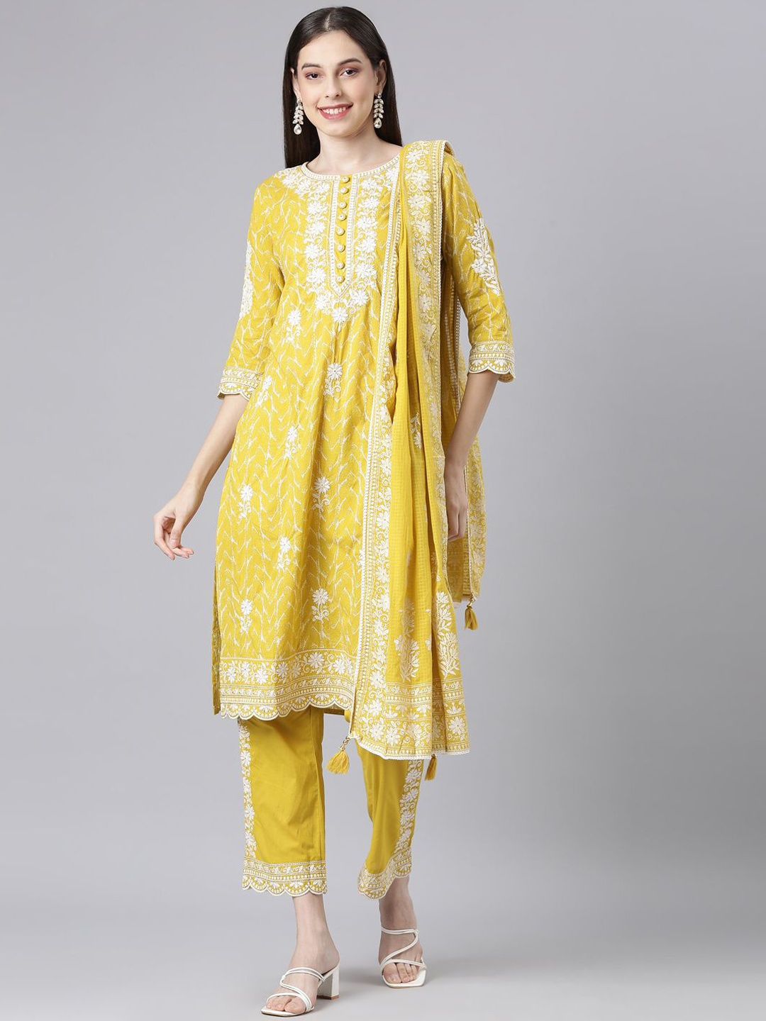 

Neerus Floral Embroidered Thread Work Straight Kurta With Trousers And Dupatta, Mustard