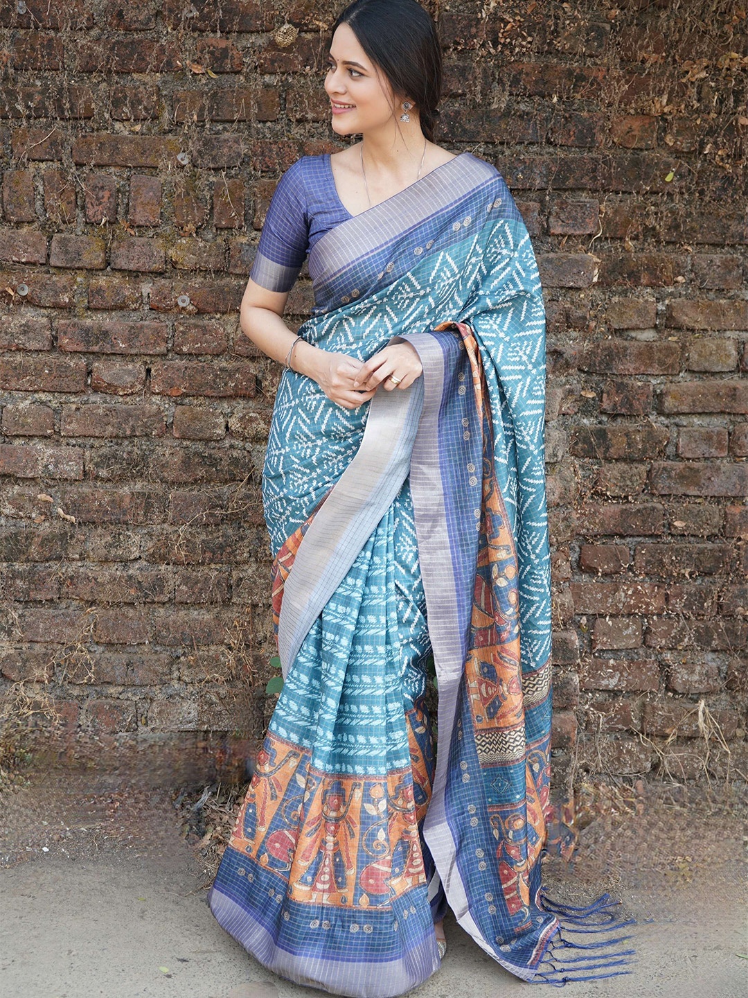 

SURACHITA Kalamkari Pure Silk Banarasi Saree, Blue