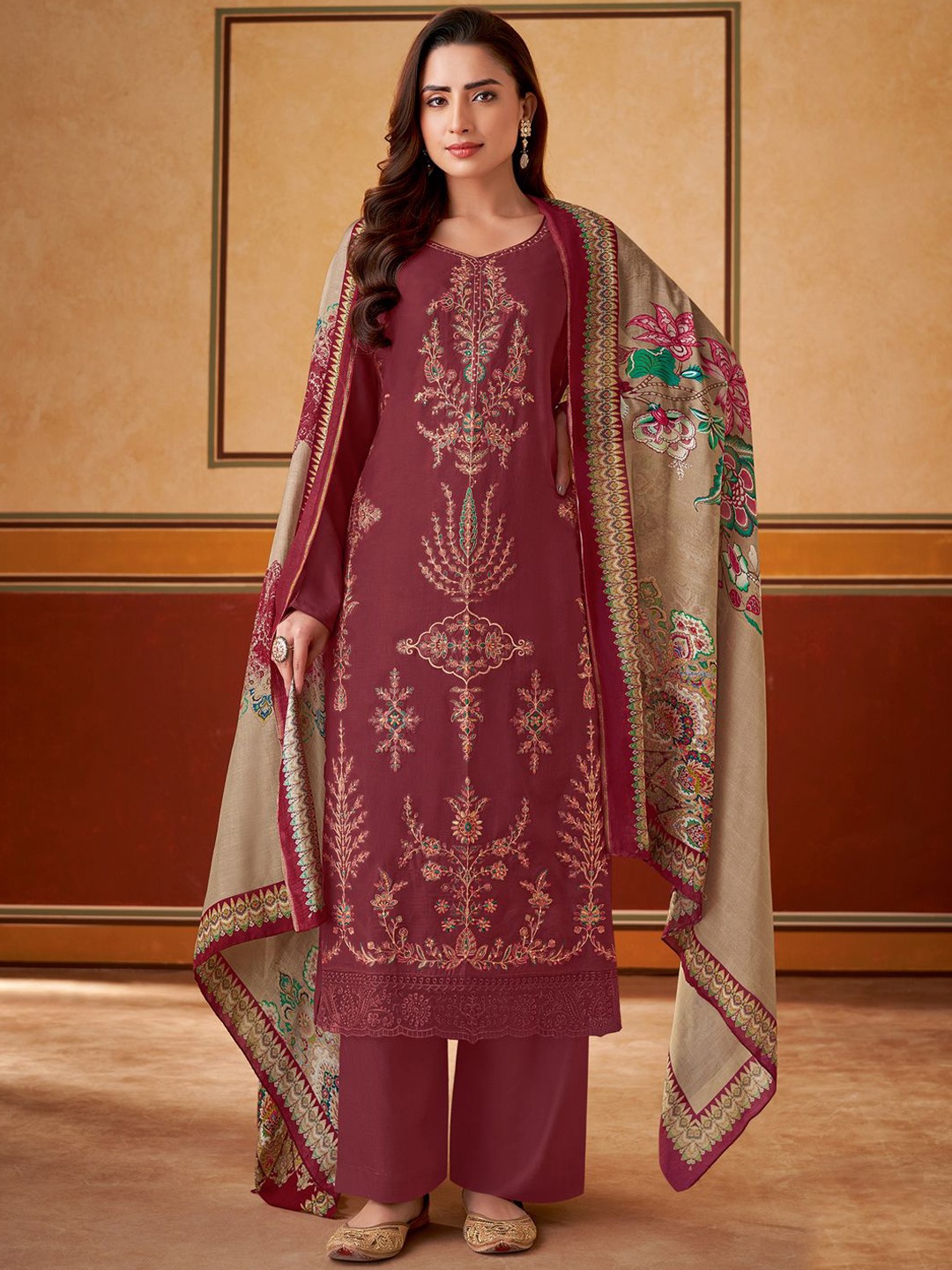 

Stylee LIFESTYLE Embroidered Pure Silk Unstitched Dress Material, Maroon
