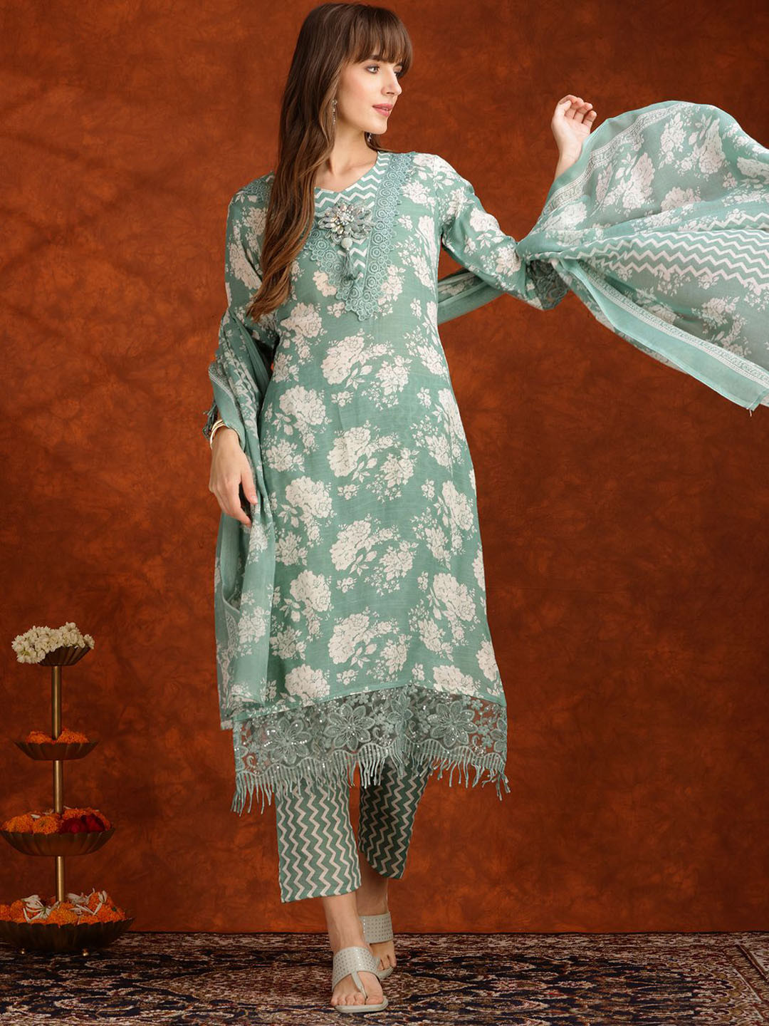 

KALINI Floral Printed V-Neck Straight Kurta With Trousers And Dupatta, Blue