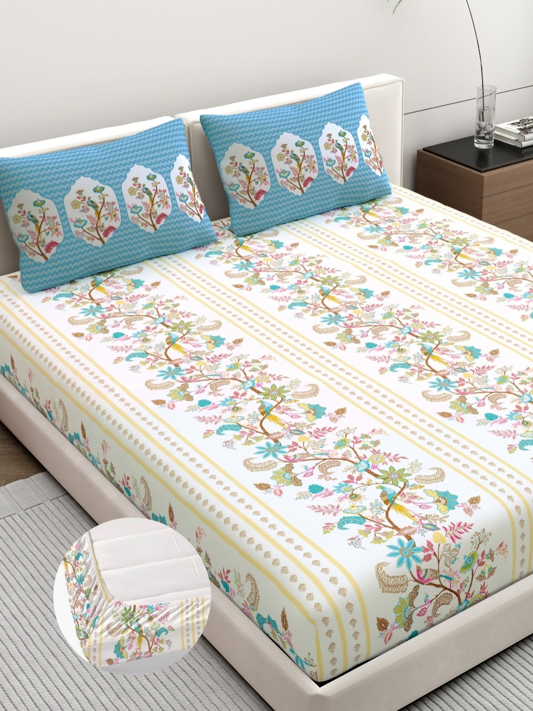 

Dreamscape White & Blue Floral Pure Cotton 200 TC Fitted King Bedsheet Set-1.83 m X 1.98 m