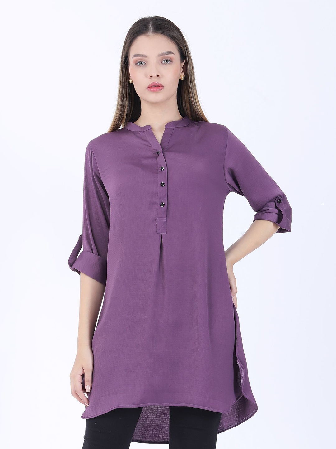 

Raus Fashion Women Mandarin Collar Roll-Up Sleeves Satin Shirt Style Top, Purple