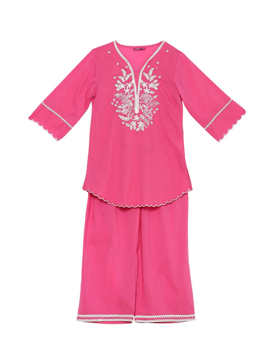 

Biba Girls Floral Yoke Design Thread Work Pure Cotton Kurta With Palazzos, Pink