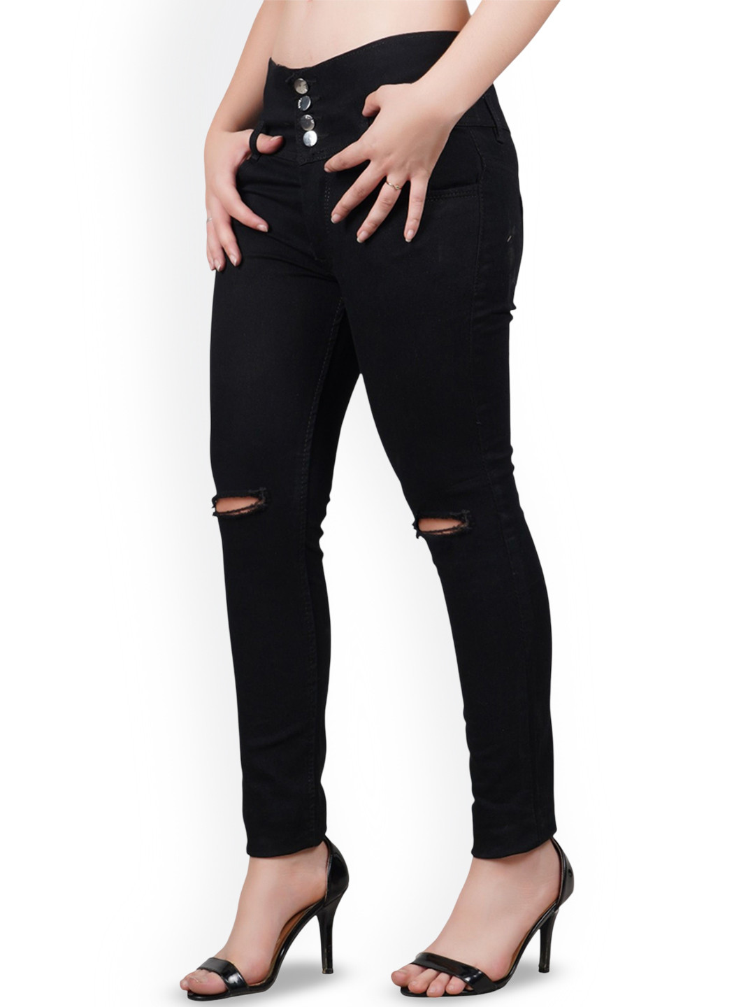 

LINARIA Women Classic Slim Fit Slash Knee Jeans, Black