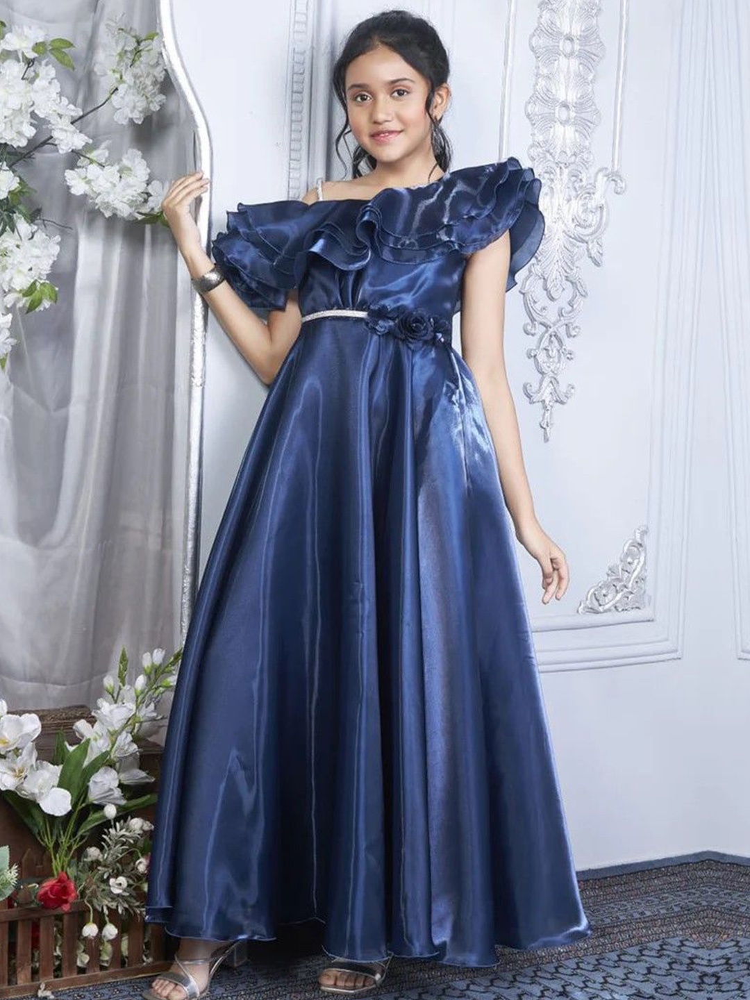 

BAESD Girls Flutter Sleeve Satin Maxi Dress, Navy blue